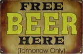 Wandbord – Free beer here - Retro - Wanddecoratie – Reclame bord – Restaurant – Kroeg - Bar – Cafe - Horeca – Metal Sign – 20x30cm