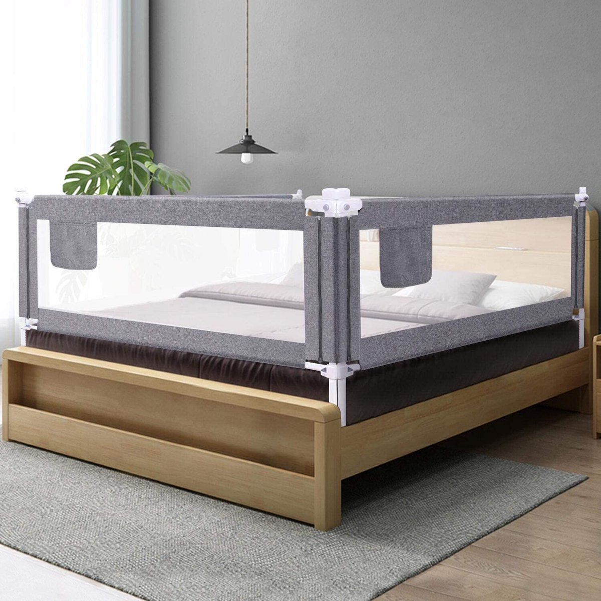 Jopassy Bedhekje, 200 x 2 180 cm x 1 cm, bedhekje, kinderbedhek met U-vormige basis, valbeveiliging, bed voor kinderen en ouderbedden, hoogte 68 tot 95 cm, eenvoudige montage, grijs