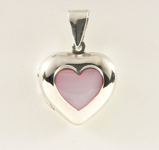 Hartvormig hoogglans zilveren medaillon met roze parelmoer