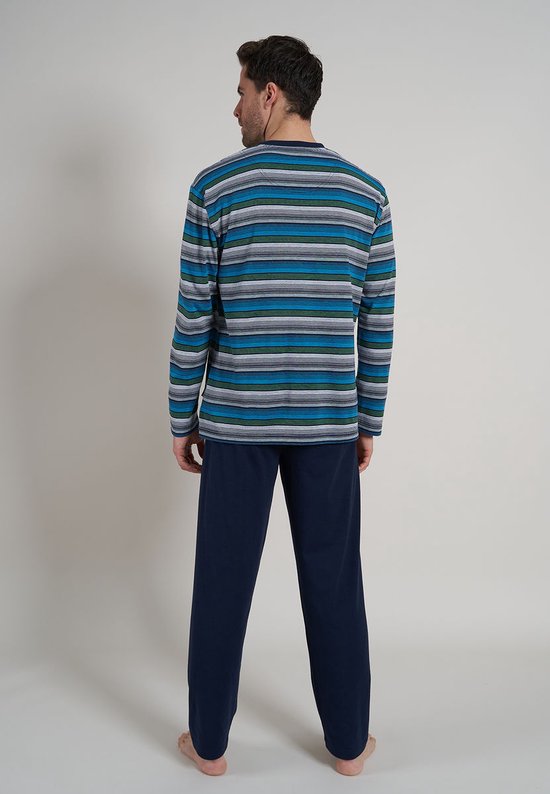 Marvmys Herenpyjamaset met lange mouwen, gestreepte pyjama met knopen en broek, elastische pyjama met zakken, loungewear van katoen, tweedelig, S-XXL, strepen zwart en grijs zwart, XXL
