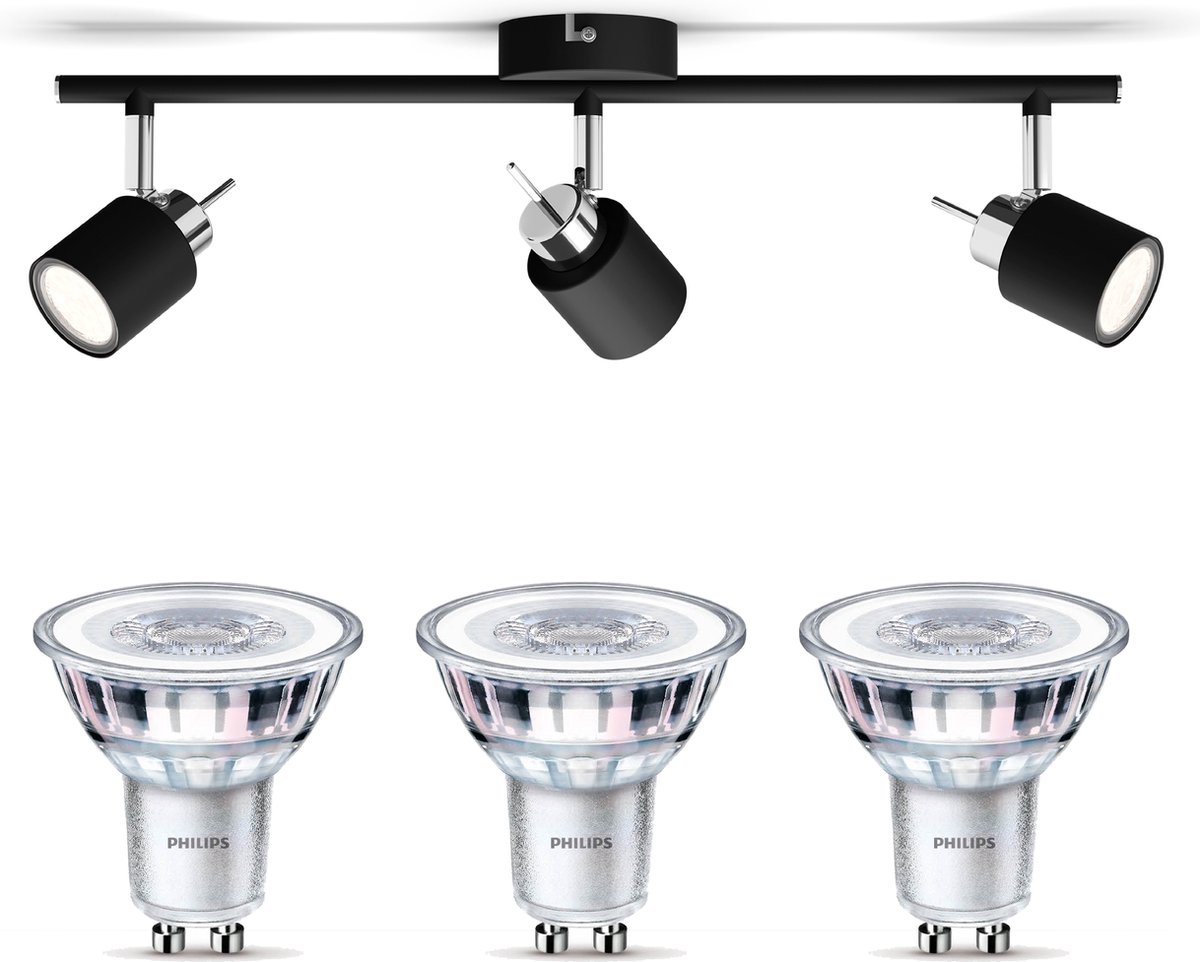 Philips Meranti Opbouwspot met GU10-fitting & Philips LED Scene Switch Spot GU10 50W - LED - Spotjes Opbouw - 3 Lichtpunten - Zwart