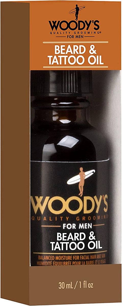 Woody's for Men Baard & Tattoo Olie - Met trio van Super Olies (Moringa, Macadamia & Argan) - Temt je gezichtshaar & Helpt kleurvervaging te voorkomen