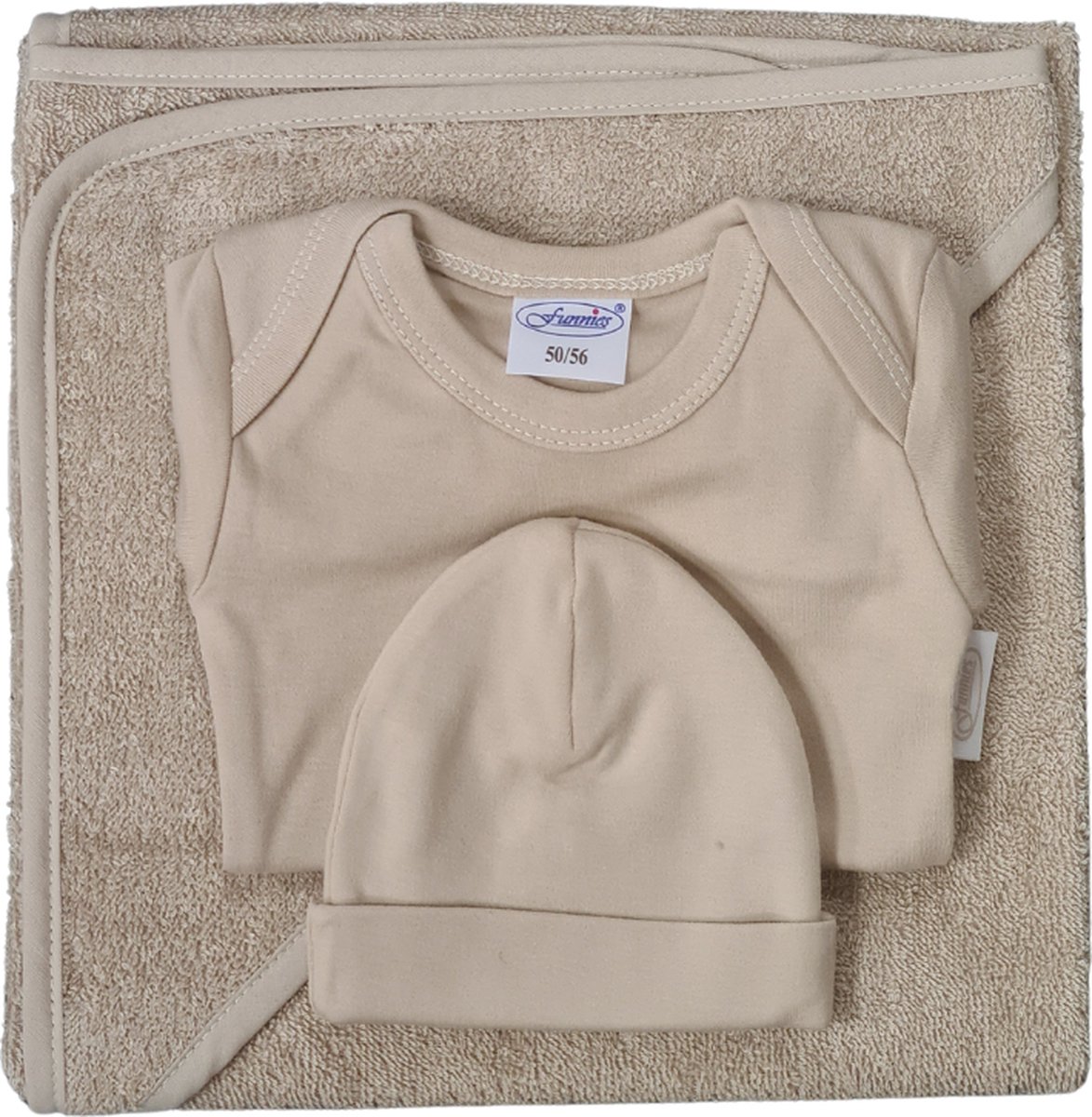 Goedkoopste Funnies- baby cadeau set- Kraamcadeau - Badcape - Baby romper – baby muts - Geboortecadeau - Baby cadeau – cream- nougat