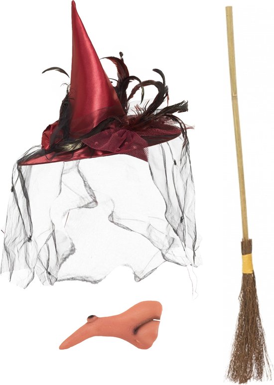 Smiffys - Heksen verkleed set voor dames heksenhoed - haakneus - heksenbezem van 95 cm