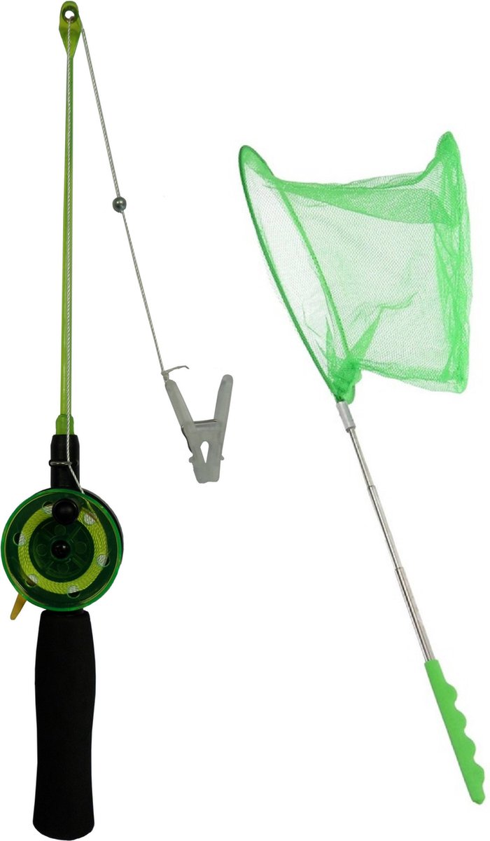 Krabhengel / vishengel voor krabbetjes 38 cm met uitschuifbaar schepnetje groen
