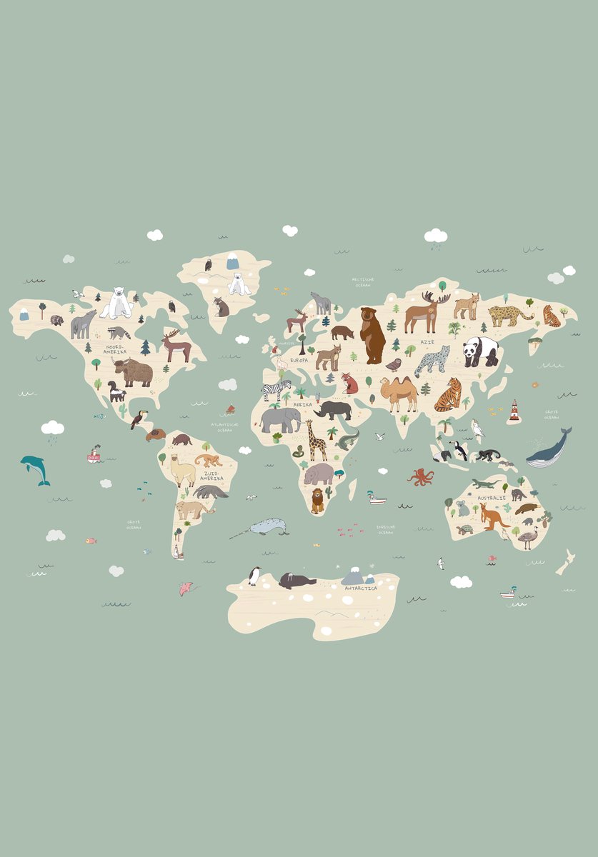Walloha - Behang kinderkamer - Wereldkaart met dieren - 194,8 x 280 cm