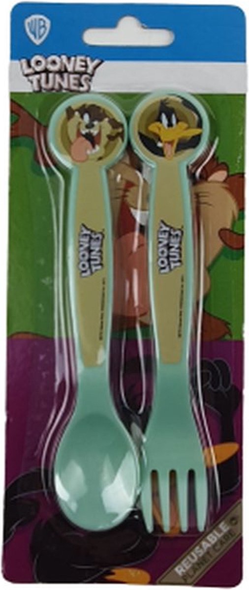 Goedkoopste Looney Tunes kinderbestek - Groen / Lichtbruin - Kunststof - l 16 cm - 2 stuks - Vork / Lepel - Eten - Daffy Duck - Tasmanian Devil - Bestek - Kinderservies