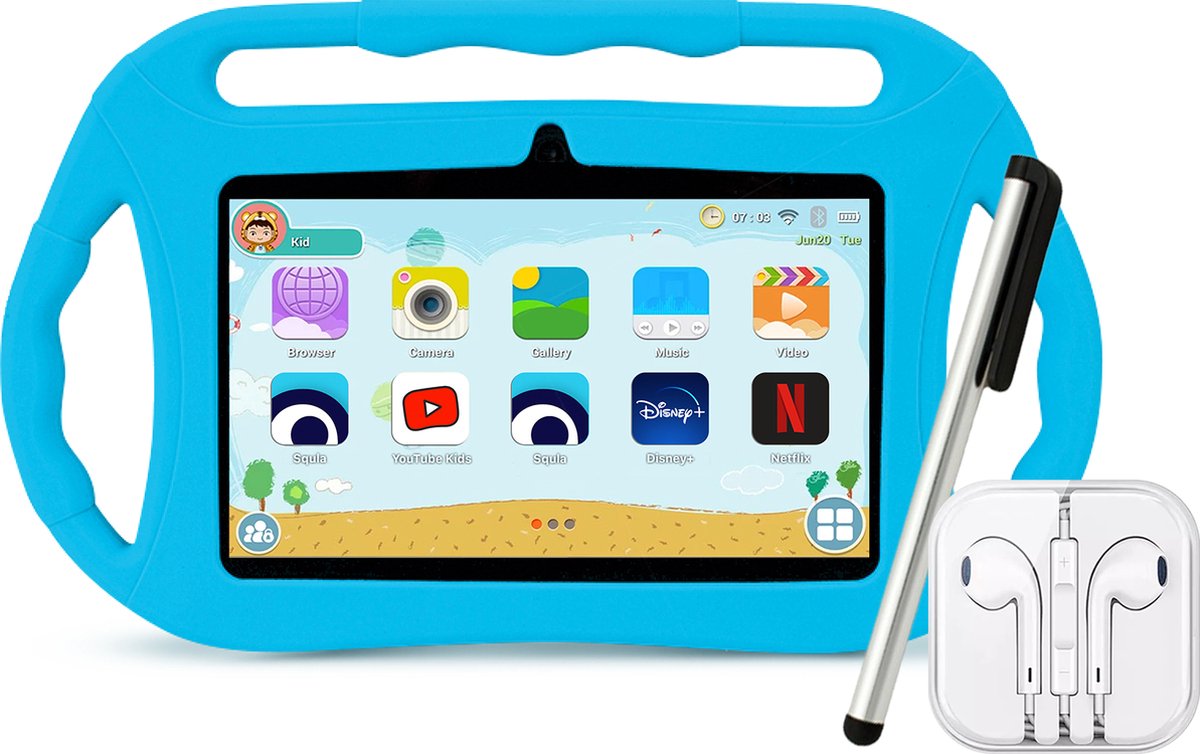 AyeKids Kindertablet - 32GB Opslag - Ouder Control App - Incl. Touchscreen Pen, Beschermhoes, Oortjes & Screenprotector - Tablet Kinderen - Blauw - AyeKids