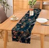 Bedrukt Velvet textiel Tafelloper -45x260- Bloemen op donkerblauw - Fluweel-De Groen Home