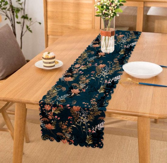 Bedrukt Velvet textiel Tafelloper -45x260- Bloemen op donkerblauw -  Fluweel-De Groen Home | bol.com
