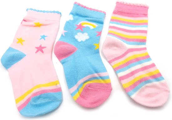Kindersokken meisjes 3 paar pastelkleuren regenboog en sterren roze en blauw maat 15-18