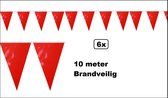 6x Vlaggenlijn rood 10 meter BRANDVEILIG - Themafeest party vlaglijn festival carnaval verjaardag thema feest kleur