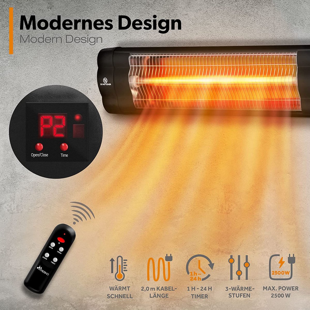 Tresko Infrarood Warmtestraler, 2500 W, Met Afstandsbediening Elektrisch Voor Op Het Terras 3 Warmtestanden Terrasstraler Binnen En Buiten Wand Infraroodstraler Led Display Kwartsstraler De Luiertafel 687382905