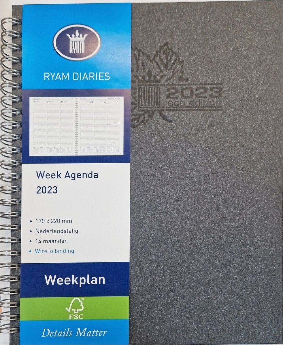 Ryam - Bureau Agenda 2023 Weekplan Eco zwart - 7 dagen 2 pagina's - met... | bol.com