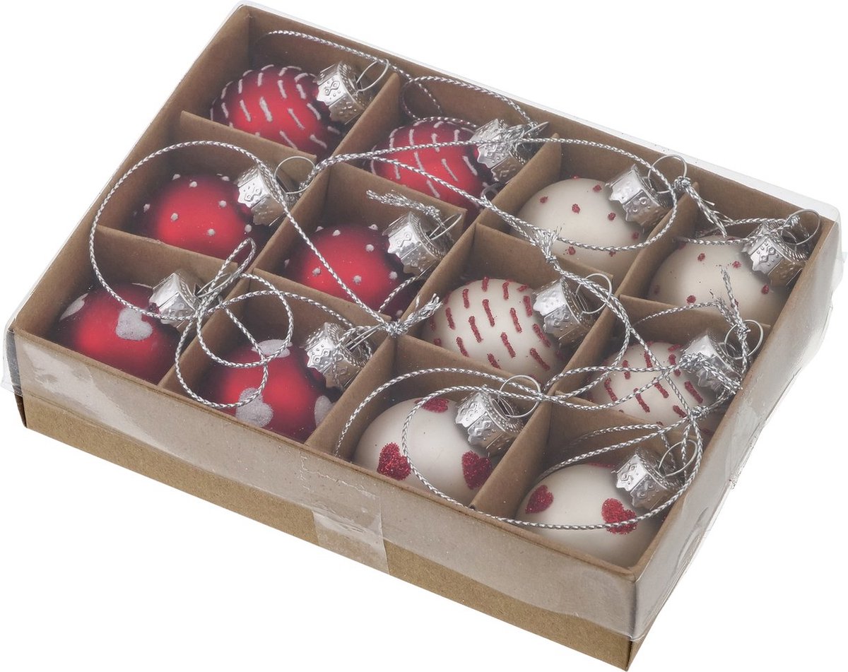 Boltze Home Kerstballenset glas rood/wit Ø3cm 12 stuks in doos