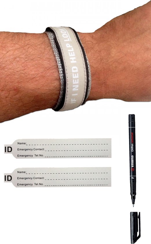 SOS ID armband - volwassenen - Grijs - met Pen en Reservekaartje | bol.com