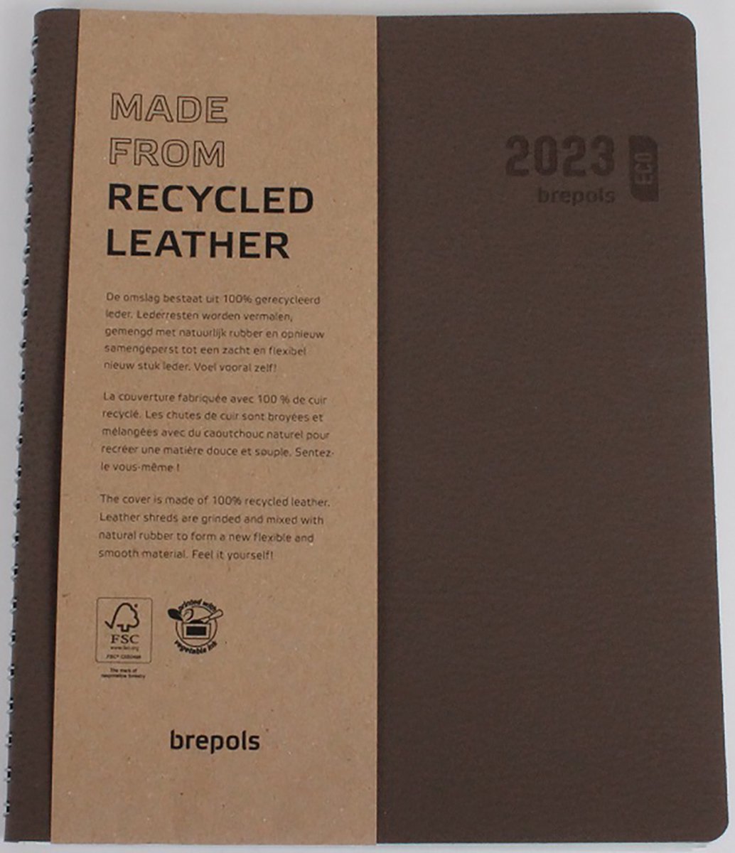Brepols Agenda 2023 - Timing week - CALVI - Wire-O - recycled leather - 17,1 x 22 cm - Bruin