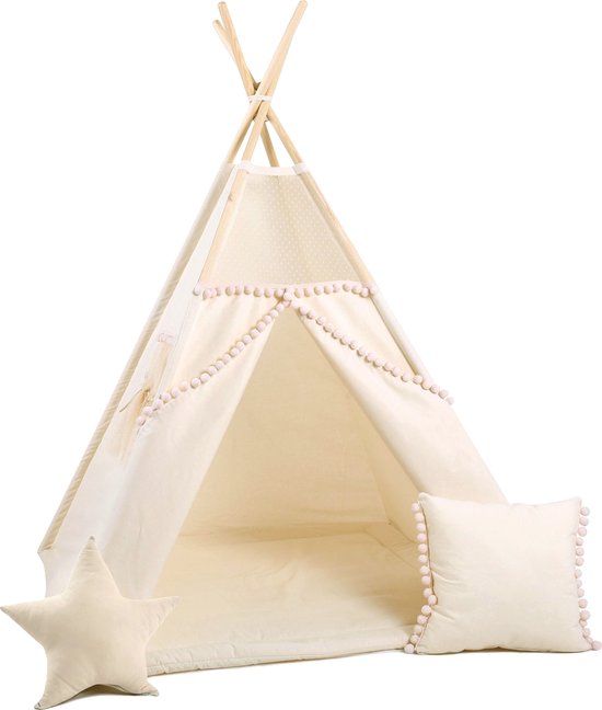 Tente TIPI Beige avec pompons colorés + 2 oreillers et tapis de jeu