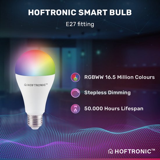 HOFTRONIC SMART Smart Lampe E27 RGBWW Wifi & Bluetooth 14 Watt 1400lm  Dimmbar & Steuerbar via App