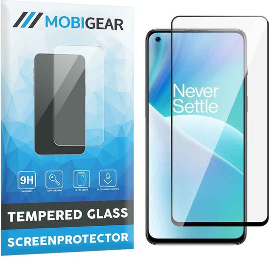 MobiGear gehard glazen screenprotector voor OnePlus Nord 2T 5G, zwart frame, "Never Settle" tekst op scherm.