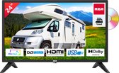 Téléviseur RCA RD24H2CU 24 pouces (TV 60 cm) avec lecteur DVD intégré adapté aux camping-cars et caravanes Adaptateur voiture 12V, Dolby Audio, Triple Tuner DVB-C/T2/S2, HDMI, USB, sortie audio numérique.