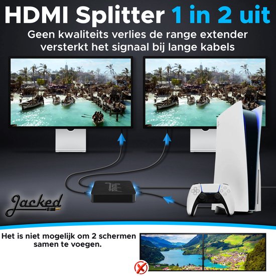 HDMI splitter 1 in 2 uit, met PlayStation 5 en controller. Scherm uitbreiden niet mogelijk.