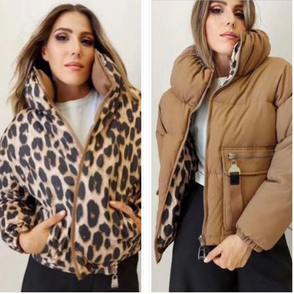 Winterjas - dames jas - tweezijdig - aan twee kanten draagbaar - panterprint - panterprint jas - camelkleurige winterjas - maat S