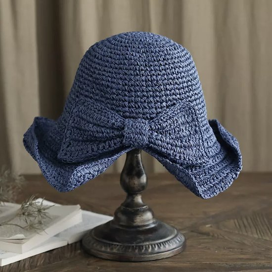 ASTRADAVI Straw Bucket Hat - Zonnehoedje Grote Rand en Verstelbaar - Strooien Hoeden met Strik voor Dames. Blauwe