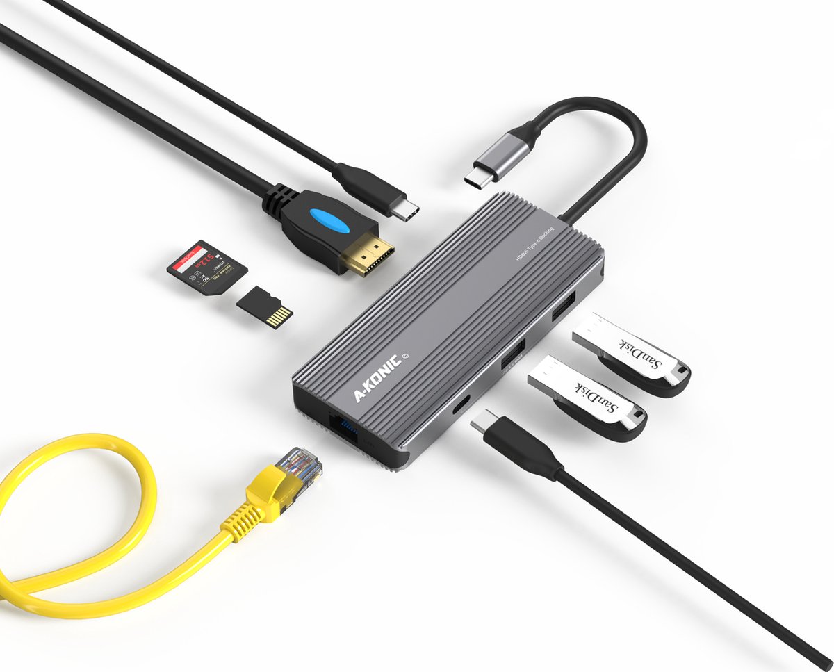 AKONIC USB C Laptop Docking station met 8K 30Hz HDMI 2.1 – Gigabit Ethernet Rj45 – USB-C opladen 100w en meer – Windows, iOs, Linux - SpaceGrijs
