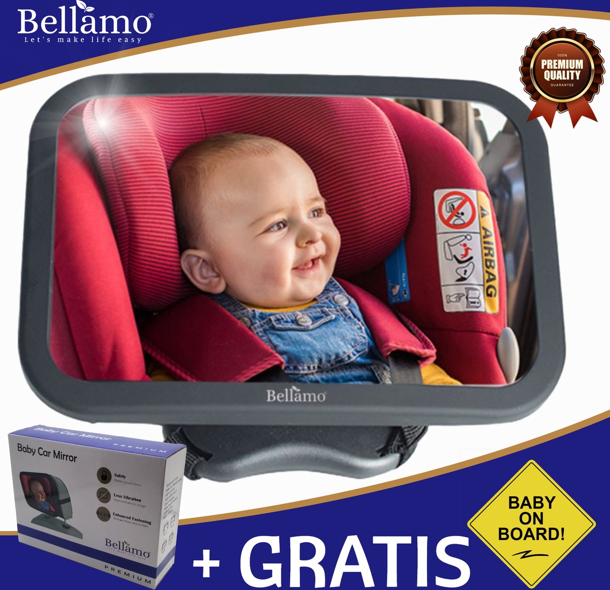 Bellamo® - Autospiegel baby - baby autospiegel - kraamcadeau - baby spiegel auto - spiegel baby auto - baby veiligheid - achterbank spiegel baby - achteruitkijkspiegel baby - XL