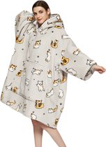 Q- Living Fleece Blanket With Sleeves - 1340 grammes - Couverture à capuche - Sweat à capuche surdimensionné - Couverture TV - Grijs avec imprimé chat