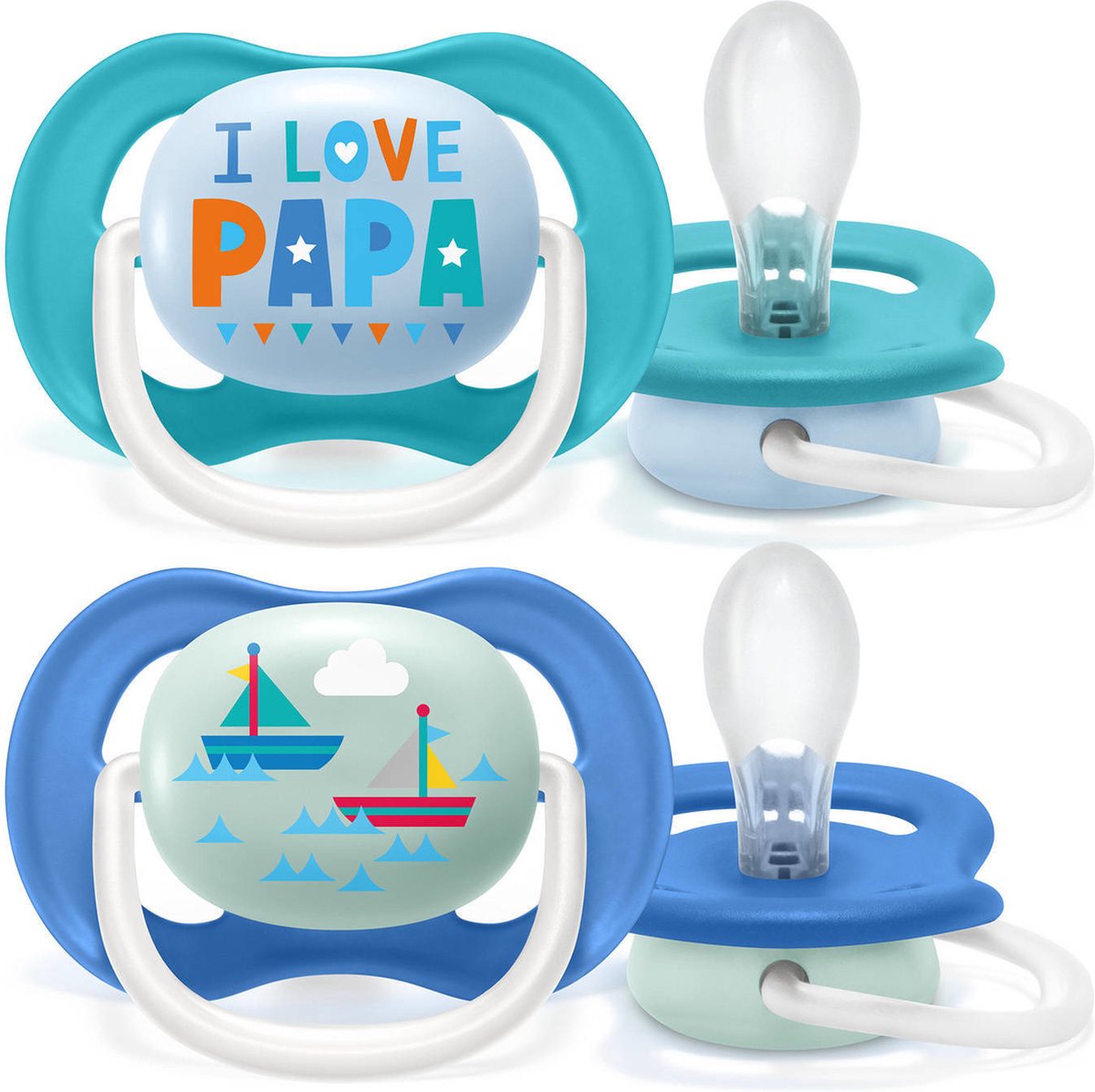 Goedkoopste Philips Avent Ultra Air Fopspeen - 6 tot 18 Maanden - 2 Speentjes - Blauw/Donkerblauw I Love Papa/Zeilboot - SCF080/03