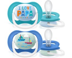 Philips Avent Ultra Air Fopspeen - 6 tot 18 Maanden - 2 Speentjes - Blauw/Donkerblauw I Love Papa/Zeilboot - SCF080/03