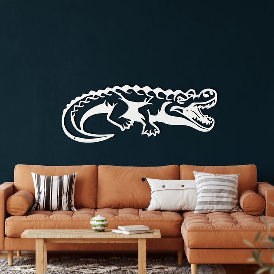 Wanddecoratie | Krokodil / Crocodile| Metal - Wall Art | Muurdecoratie | Woonkamer | Buiten Decor |Wit| 24x60cm