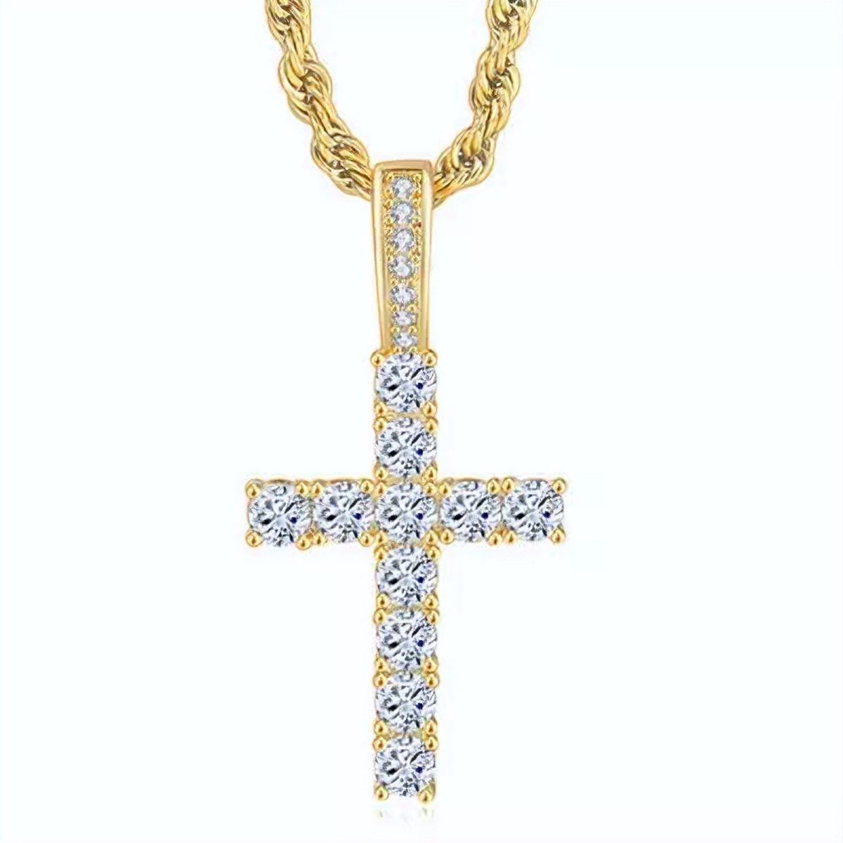 ICYBOY 18K Religieus Heren Ketting met Kruis Verguld Goud [GOLD-PLATED] [ICED OUT] [50CM] - Religious 3mm Twisted Chain Cubic Zirconia Cross Necklace Hip Hops Gold Plated Paved CZ Zircon Cross Necklace