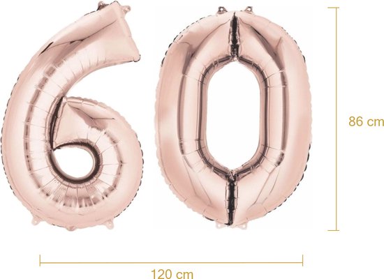 Twee rose gouden folieballonnen die samen het cijfer 60 vormen, met afmetingen 120 cm breed en 86 cm hoog.
