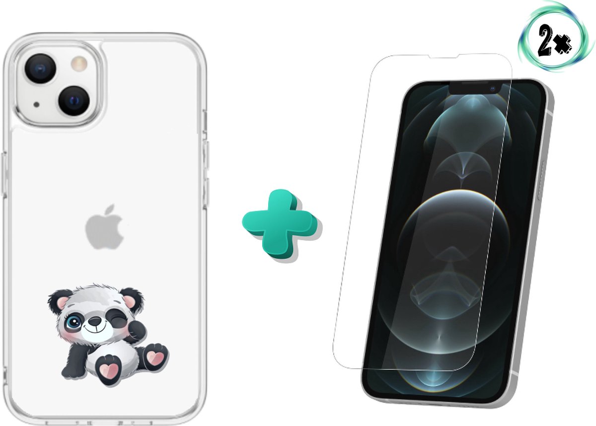 Apple Iphone 13 Mini hoesje transparant siliconen hoesje Panda knipoog met 2x Tempered Glass 13 Mini Screenprotector * LET OP JUISTE MODEL *