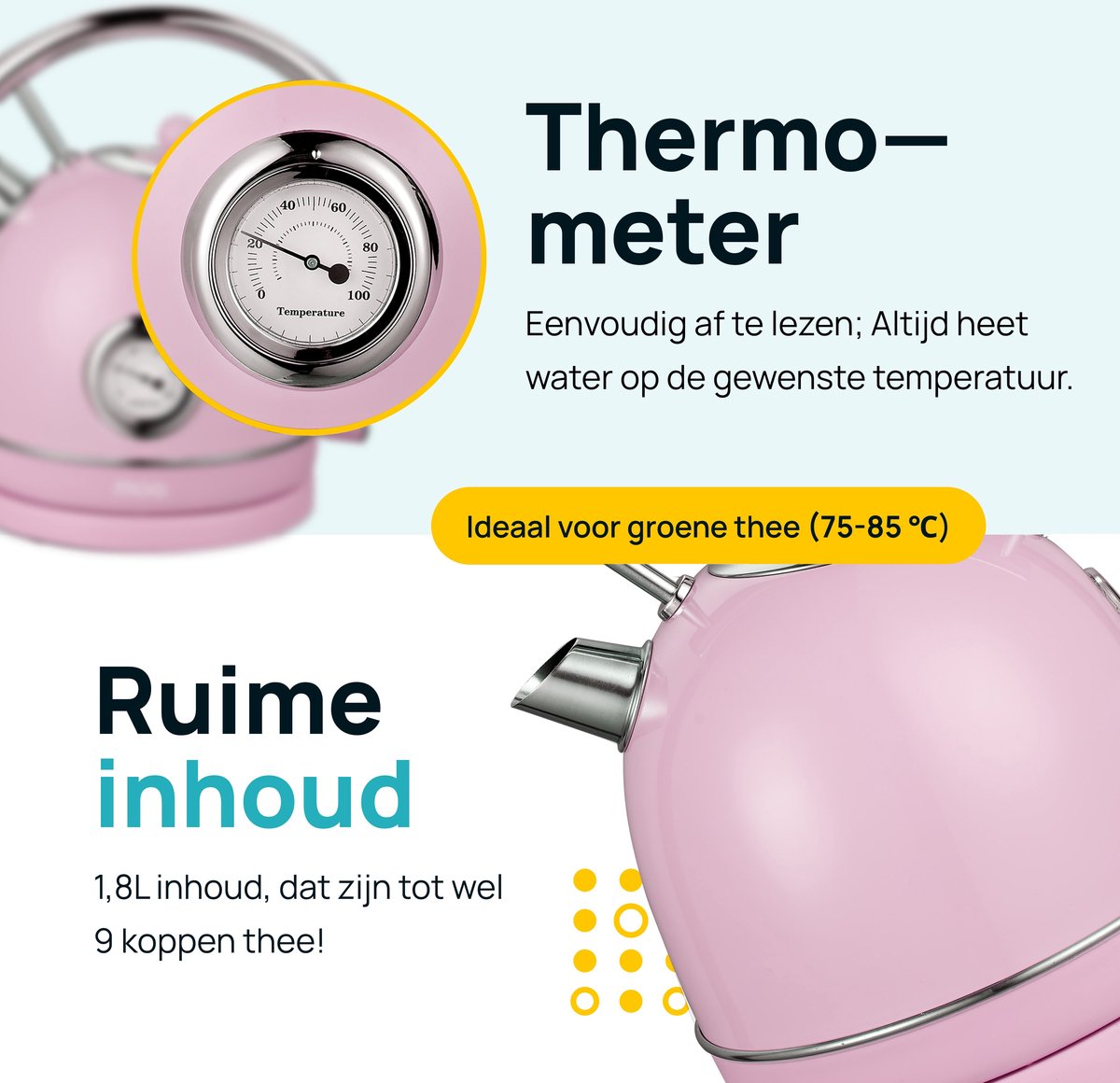 MOA Waterkoker Retro - 1,8 Liter - Elektrische Waterkoker - BPA-vrij - Anti Calcium Filter - RVS - 2200W - Pastel Roze – foto 8