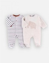 Noukie's - Pack de 2 - Pyjamas - Velours - Éléphant beige / marron rayé écru - 9 mois 74