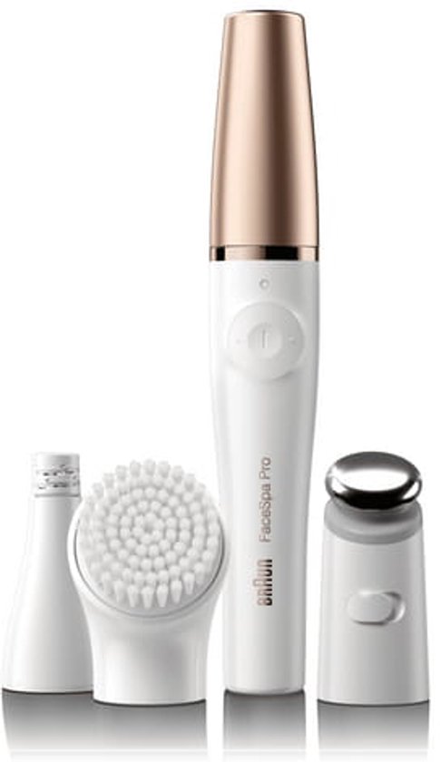 Witte Braun FaceSpa Pro epilator met rosegouden dop, plus drie opzetstukken: borstel, pincet en punt.