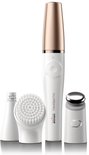 Witte Braun FaceSpa Pro epilator met rosegouden dop, plus drie opzetstukken: borstel, pincet en punt.