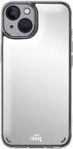 Doorzichtige iPhone 14 hoes met spiegelende zilveren achterkant en logo onderaan.