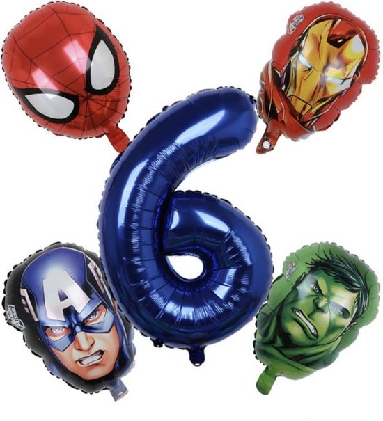Marvel Superheld Ballonnen Set 6 jaar - 5 Stuks - Verjaardag Versiering Jongen - Marvel Hulk Spiderman Avengers Captain America Themafeest - Verjaardagsfeest Jongen - Feestpakket Marvel Avengers - Superheld Versiering