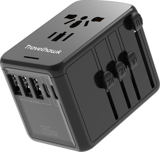 EPICKA Reisadapter Wereldwijd, Universele Reisstekkeradapter 30W, Internationale Stopcontactadapter met 3 USB-C, 2 USB-A, Universele Reisstekker voor Duitsland VS Thailand Australië TA-105C Blauw