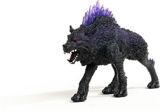 Zwarte wolf met paarse kristallen op rug en staart, rode ogen en open bek.