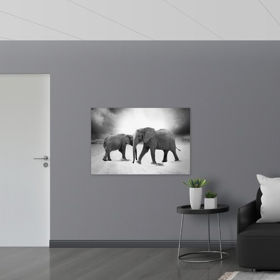 WallClassics - Panneau de mousse PVC - Éléphants sur le Sable - Zwart / Wit - Photo 120 x 80 cm sur panneau de mousse PVC (avec système de suspension)