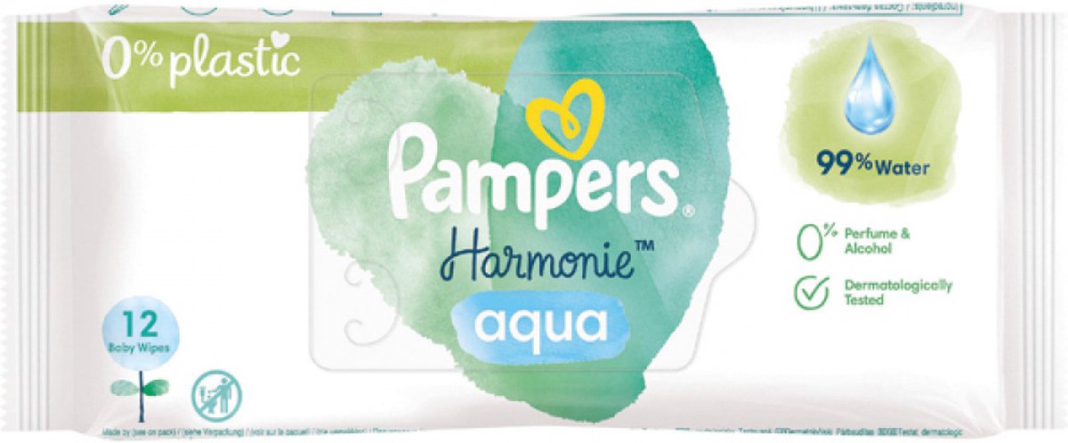 Pampers Harmonie Aqua Lingettes, 12 Lingettes, Sans plastique, 99% Water
