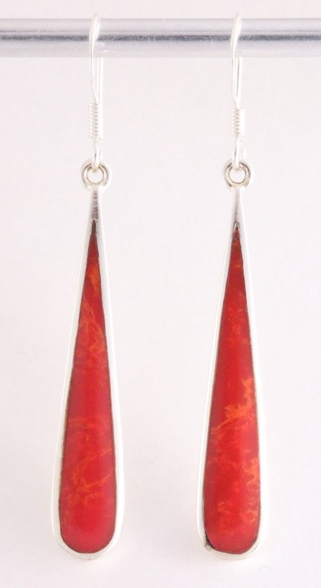 Boucles d'oreilles longues en argent en forme de goutte avec pierre de corail rouge