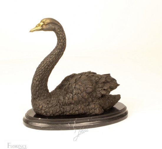 Zwanen beeld, Bronzen sculptuur op marmer basis, Decoratie kunstobject vogel luxe accessoires