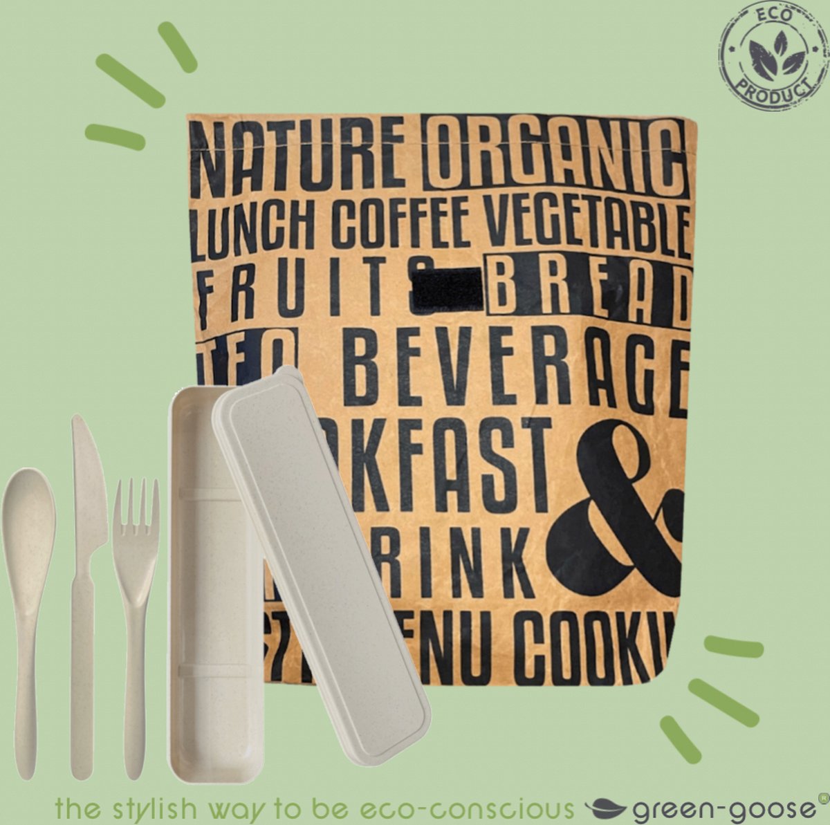 Bio-based Lunch Set | Creme | Tyvek Thermo Koeltas, Tarwevezel Bestekset | Duurzaam en Biologisch Afbreekbaar | Vaatwasserbestendig